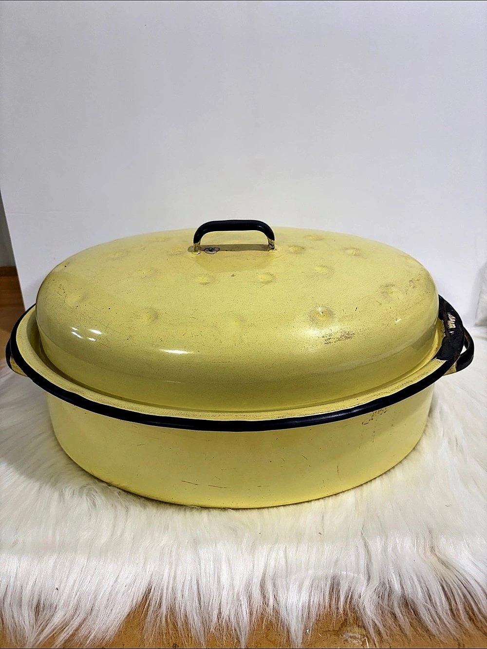 Vintage Yellow Oval Enamel Roasting Pan with Lid